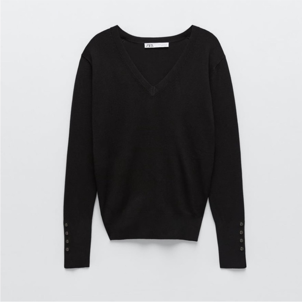Zara Black V-Neck Sweater with Gold Button Cuffs
